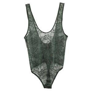 Victoria's Secret Dusty Green Lace Bodysuit Size M Low Back Sheer Lingerie